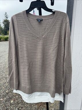 Hillary Radley Taupe V-Neck Layered-Look Sweater